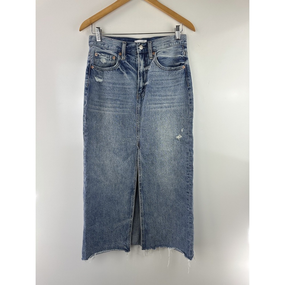 Pistola Alice Denim Maxi Skirt Distressed Raw Hem Front High Slit Cotton Size 27 - Picture 11 of 15